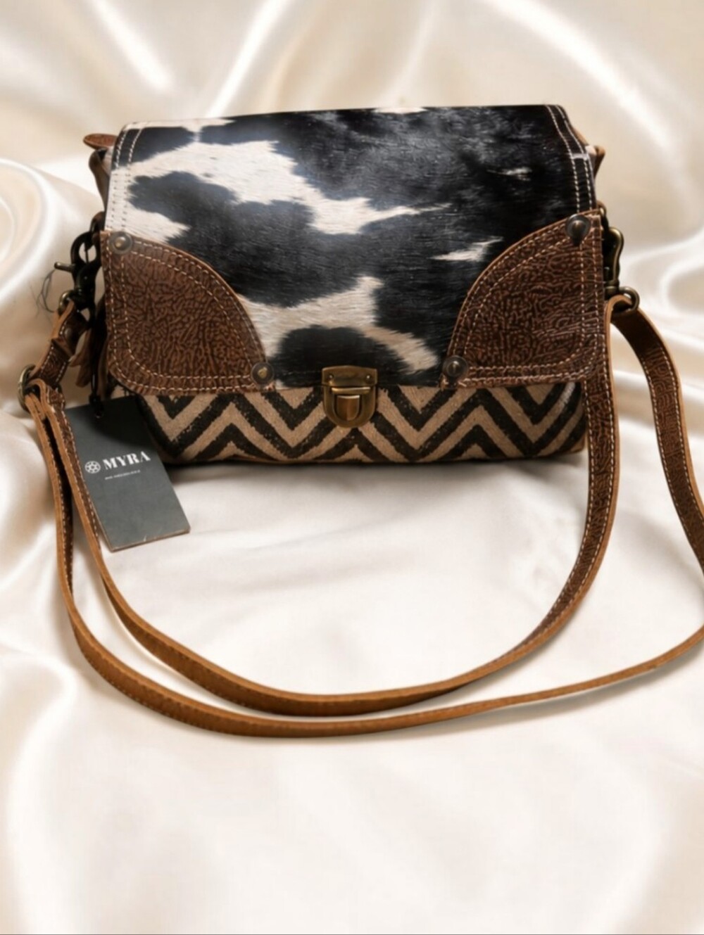 MYRA Bag Pearl Fusion Messenger Bag Cowhide Hair-On Canvas Crossbody NWT
